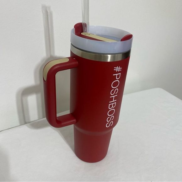 POSHBOSS Stanley-like Steel Tumbler Cup Thermos Handle & Straw Red Poshswag 40oz - Picture 7 of 11